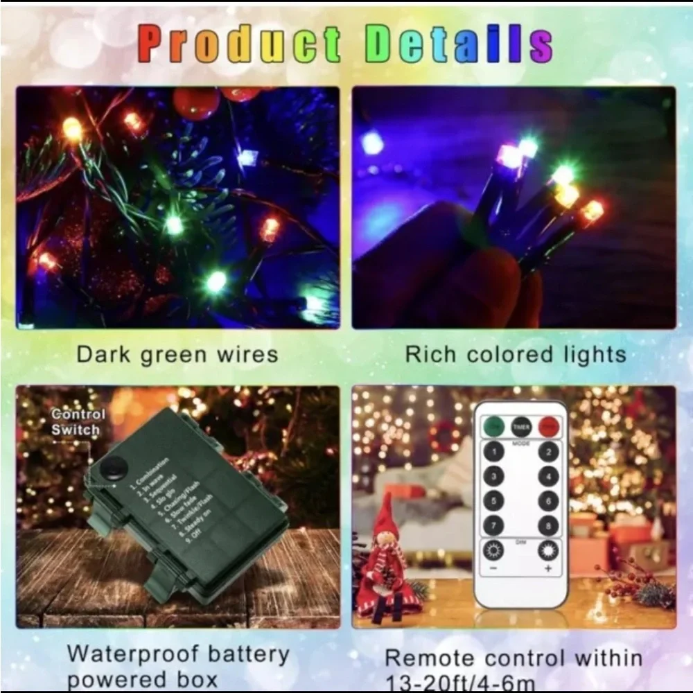 Multi-Colored Battery Operated Christmas Lights 50 LED 16FT Waterproof String...